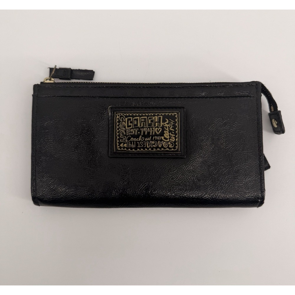 Coach Poppy Black Patent Leather Double Zipper Wallet